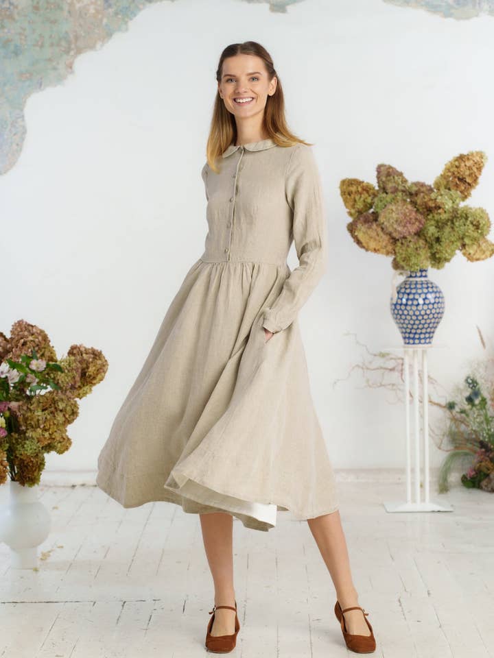 Night Garden Classic – Midi Linen Dress with Peter Pan Collar for wholesale on Faire36