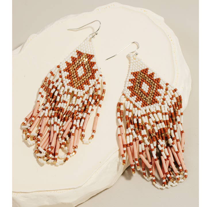 Triangular Boho Seed Beaded Fringe Dangle Earrings for wholesale by Anarchy Street