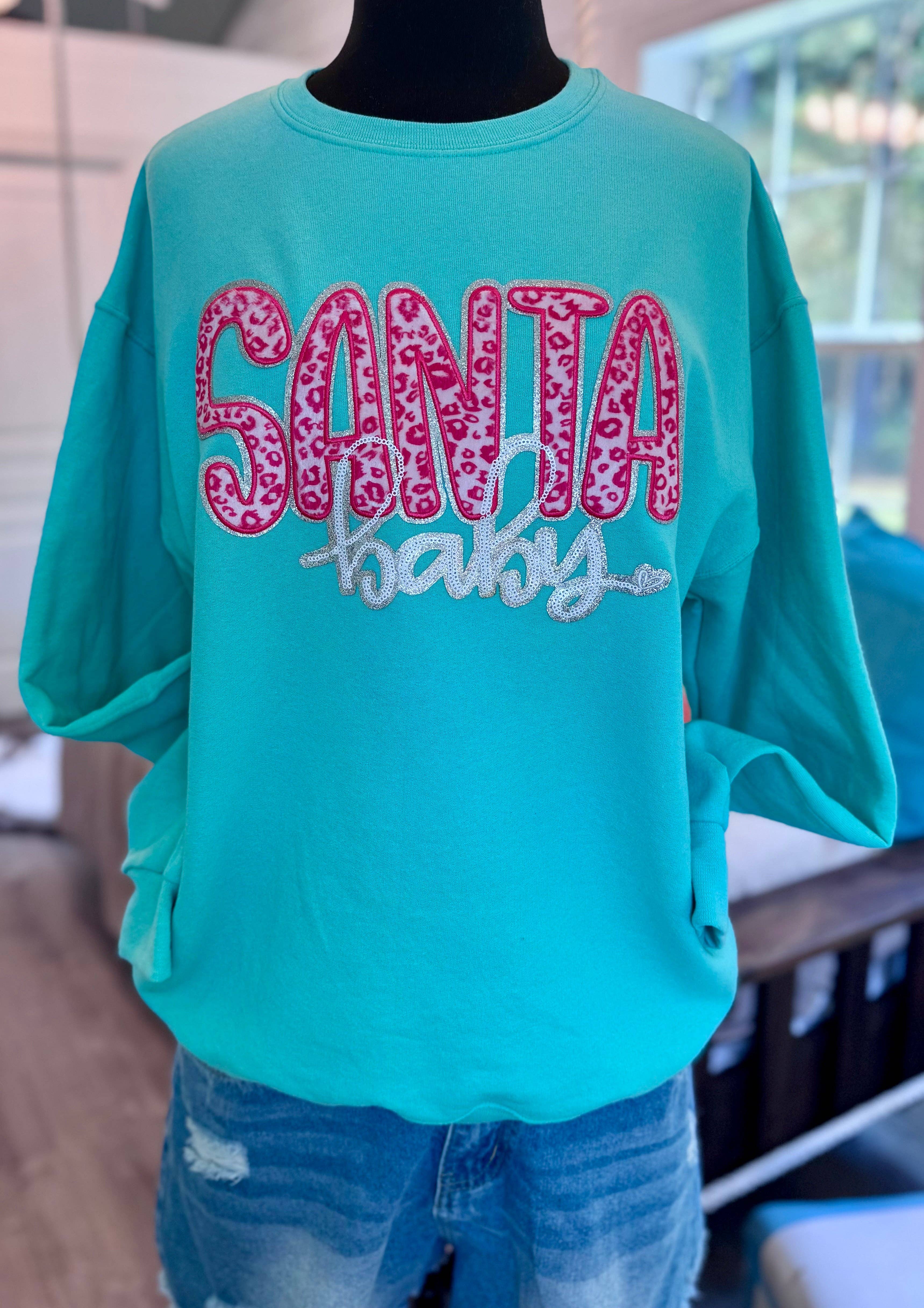 sequinandstiches – Emblema por atacado – Santa Baby Rosa Leopardo Chenille e Lantejoulas Patch Termocolante, Fundo de Purpurina Prateada, Patch de Natal3