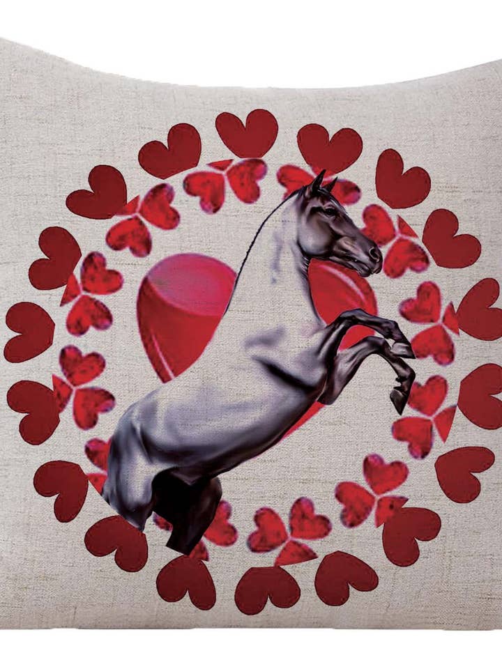 LINEN PILLOW Rearing horse with heart border for wholesale by Noble Pony