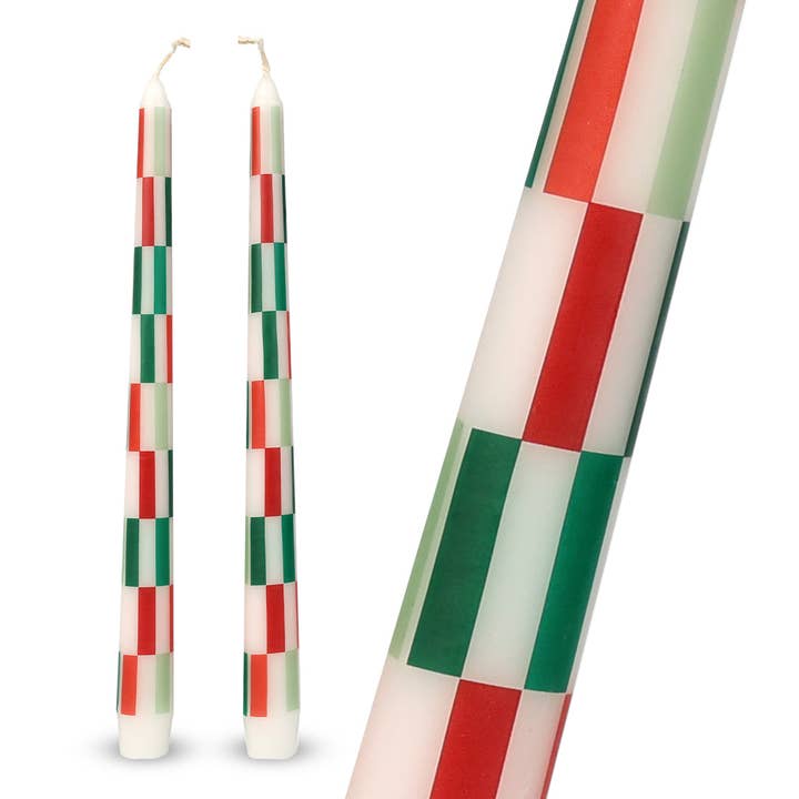 Talking Tables USA - Wholesale Tapered Candle/Candlestick - Red & Green Check Dinner Candles - 2 Pack | Holiday Decor |