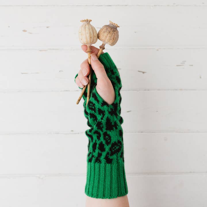 Leopard wrist warmers - billiard green and black for wholesale by Miss Knit Nat