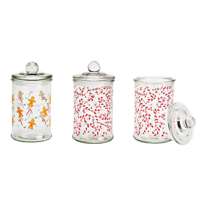 Wurm - Wholesale Christmas Decoration - Storage jar gingerbread figures, candy cane motif made of transparent glass 2-piece, (W/H/D) 10x19x10cm 600ml