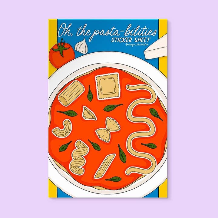 Pasta sticker sheet for wholesale by MangoIllustrated