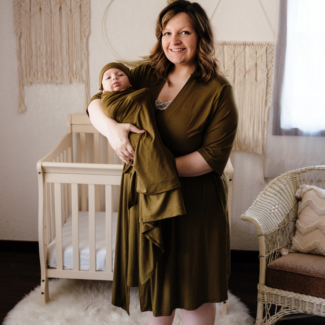 HAHA MAMA Clothing - Wholesale Dress - Maternity - Olive Green Maternity Delivery Gown & Matching Swaddle3