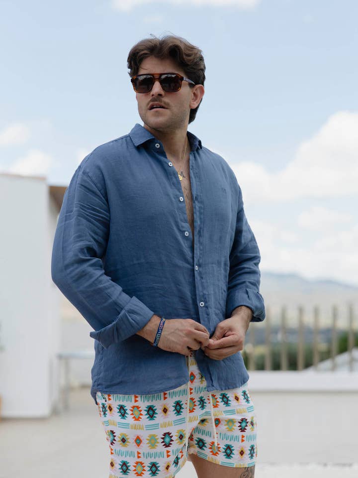 Custi Mikelo - Wholesale Button Down Shirt - Men's - Blue Linen Shirt | Lanzarote