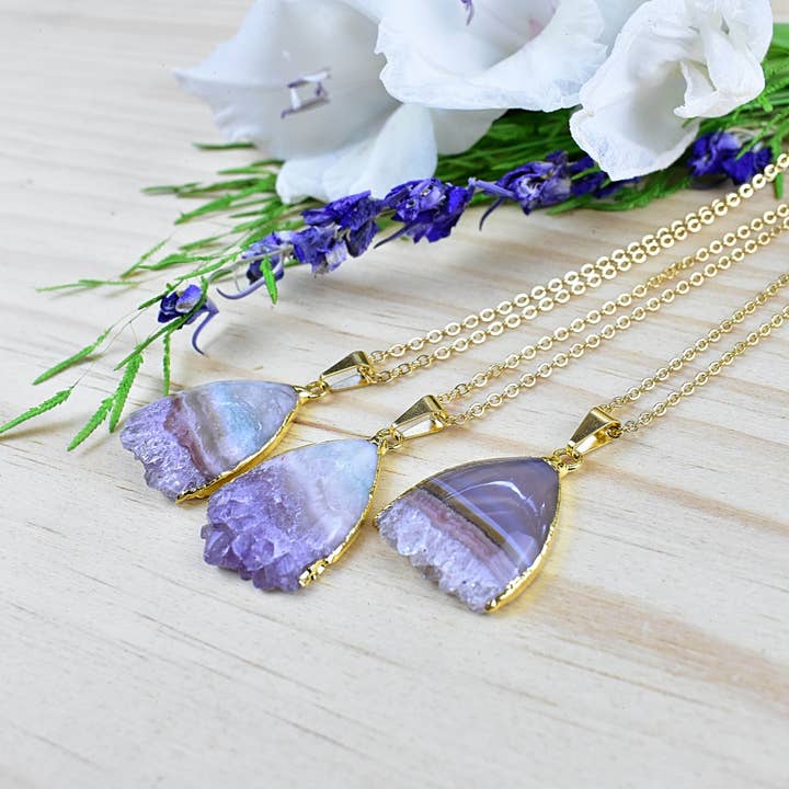 Shield Amethyst Stalactite Necklace for wholesale by Ewelina Pas Jewelry