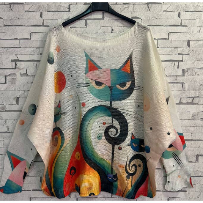Z760 Camisola Creme Cat Redonda Estampada LOOWIE   por atacado de LOOWIE