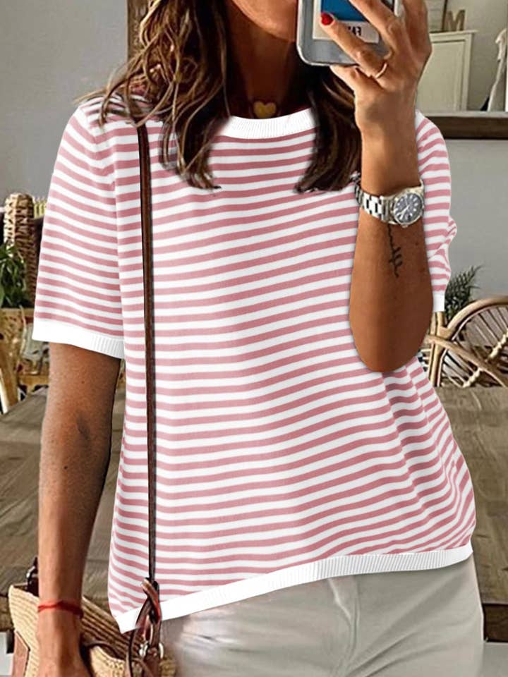Lovesoft - Wholesale Knit Sweater - Women's - Women's Crew Neck Striped Contrast Short Sleeve Casual Sweater