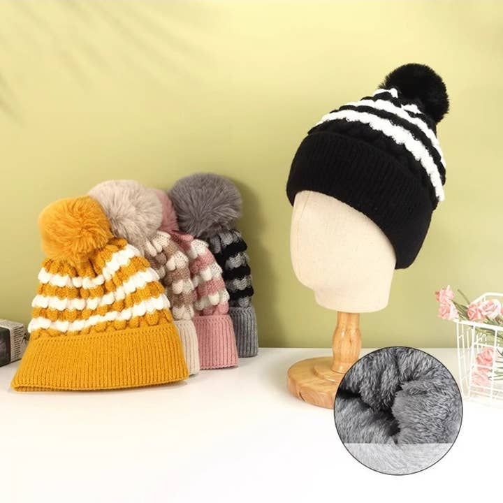 Funkyrel® Atzbranding Limited - Wholesale Beanie – Women's - Haila - Women's Striped Fleece Lined Beanie with Pom8