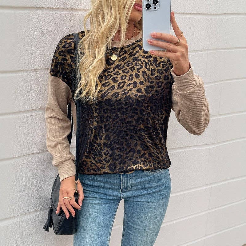 KHAKI Retro Long Sleeve Round Neck Leopard Print Sweatshirt for wholesale on Faire2