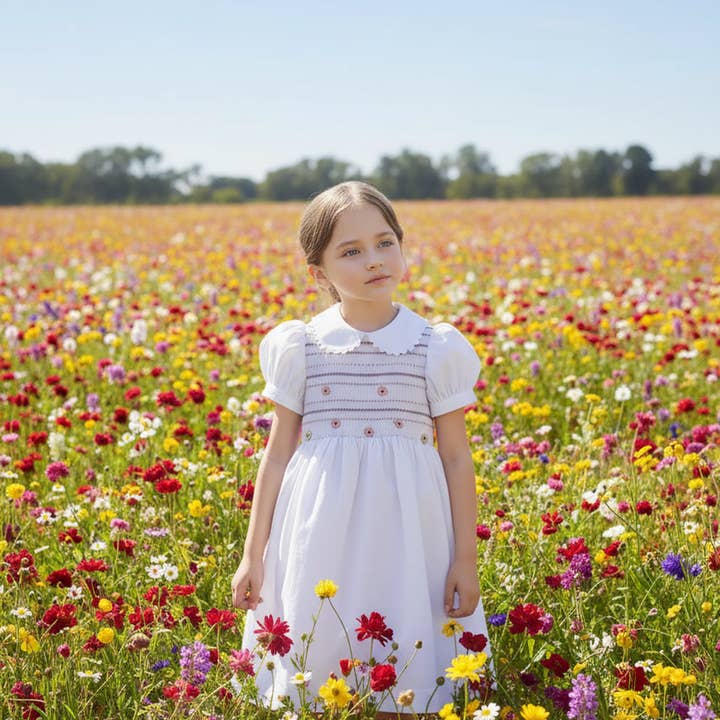 White Geo Smocked Daisies Short Sleeve Dress for wholesale by Hello Bebes!