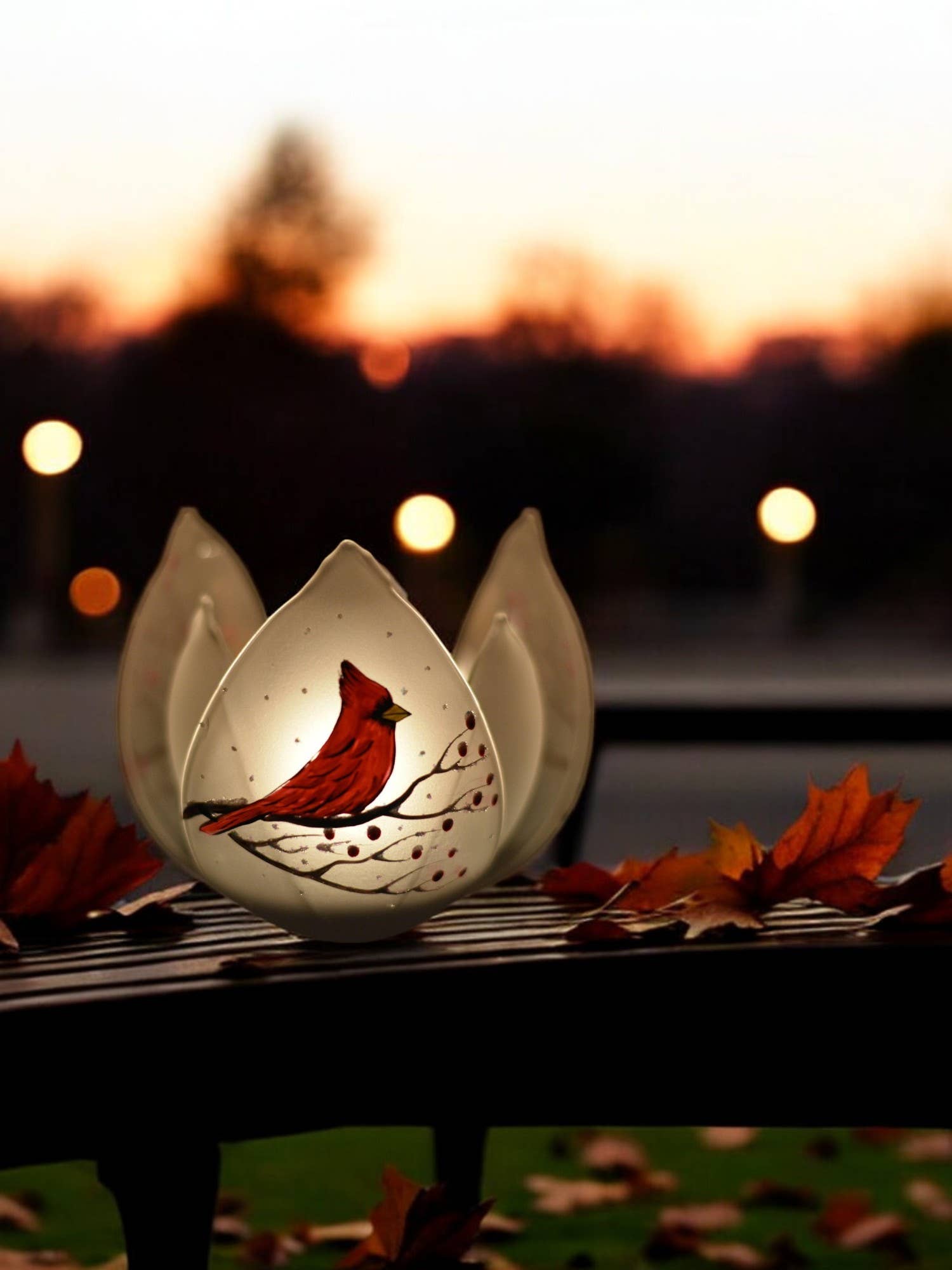 Glass by Iness - Wholesale Candle Holder - Frosted Glass Lotus Blossom Candle Holder - Red Cardinals1