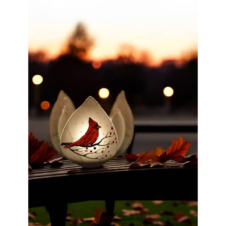Glass by Iness - Wholesale Candle Holder - Frosted Glass Lotus Blossom Candle Holder - Red Cardinals1