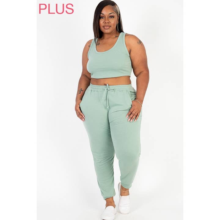 Plus Size French Terry Cropped Tank Top and Joggers Set for wholesale by UP CLOTHING