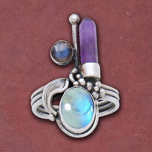 Amethyst Crystal Point & Oval Rainbow Moonstone Ring for wholesale by Tidepool