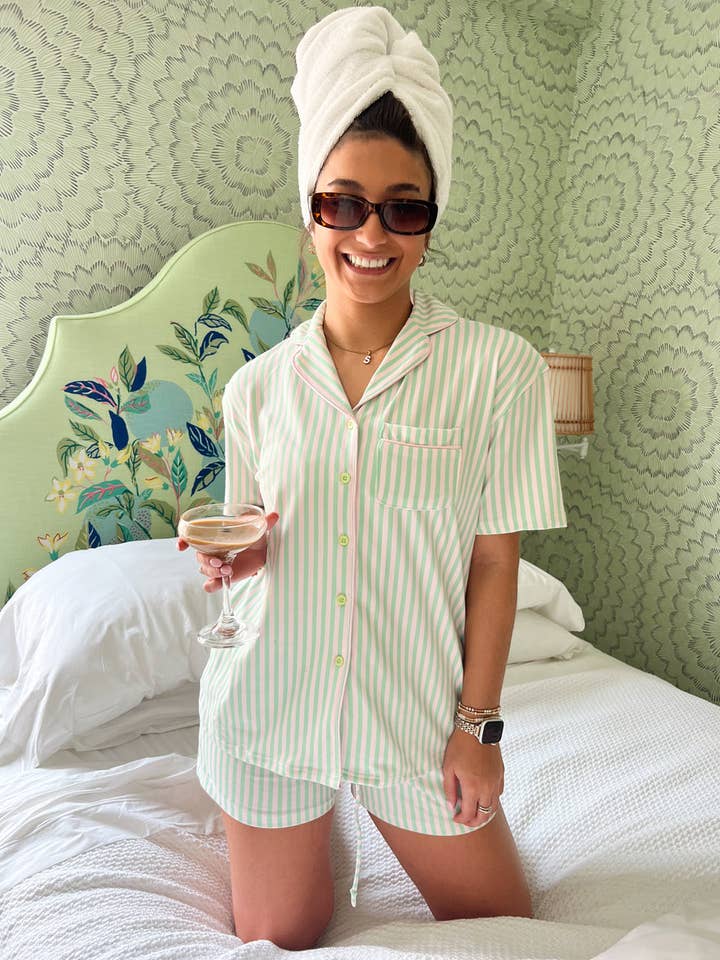 KENZKUSTOMZ - Wholesale Sleepwear Set - Women's - Green + Pink Stripe - Short Pajama Set
