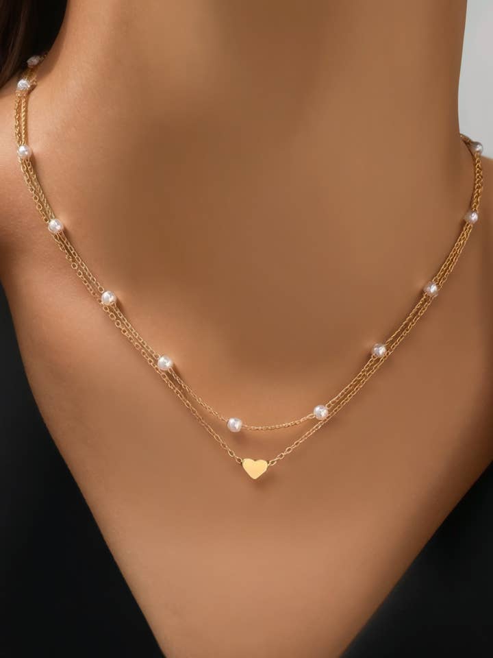 Valentine Plate Heart and Pearl Detail 2pcs Layered Necklace for wholesale by fashionworks