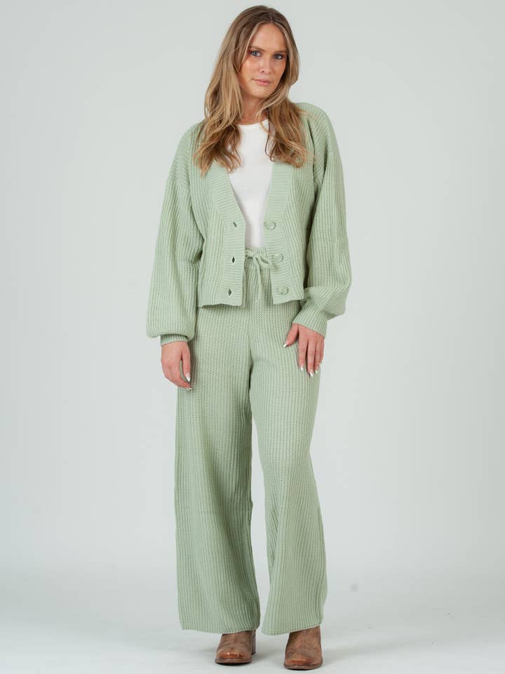 Sweater Cardigan and pant set in sage for wholesale by Lucca Couture