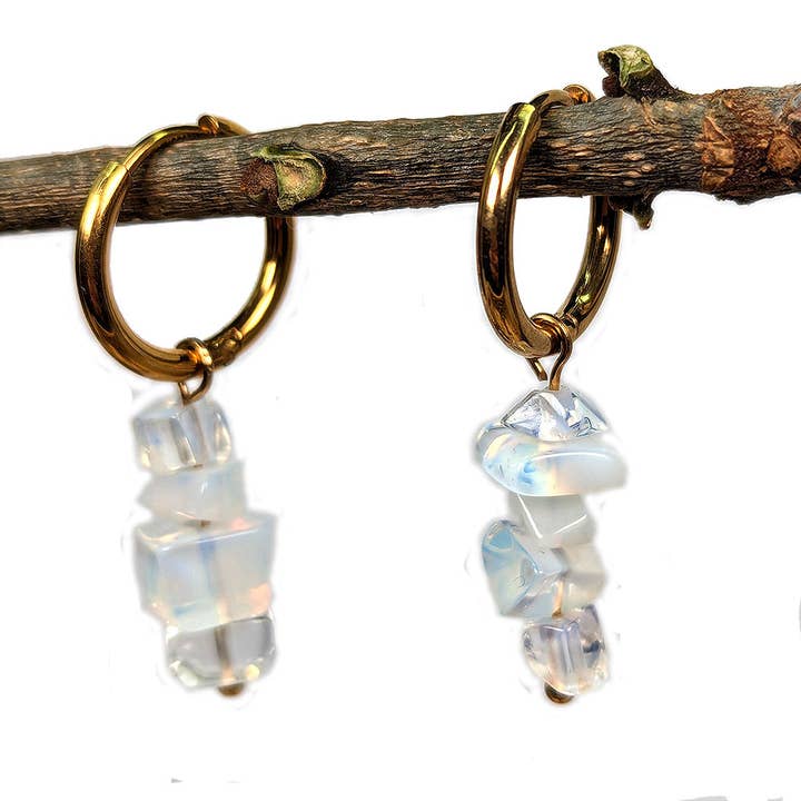 18K Real Gold Plated Stainless Steel Huggie Hoop Opalite Gemstone Chips Earrings for wholesale by Stylish Jewelry Supply