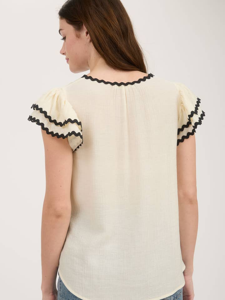 Blu Pepper - Wholesale Blouse - Women's - V NECK WAVY TRIM RUFFLE SLEEVE TOP