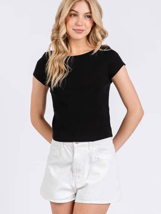 Cap Sleeve Boat Neck Ribbed Top for wholesale by Final Touch