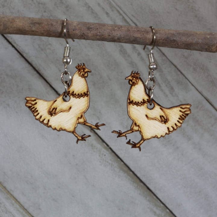 Cute Chickens Wooden Dangle Earrings for wholesale by Cates Concepts