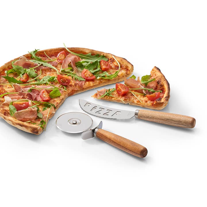 silver Pizza Cutting Set, 2-Piece, Acacia/Stainless Steel for wholesale on Faire5