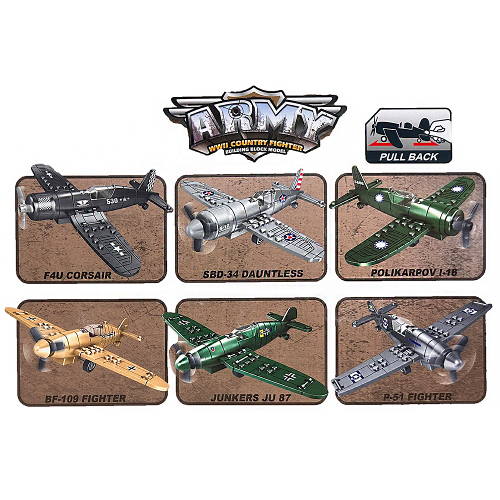 Texas Toy Distribution - Wholesale Retailer Display - Kids & Baby - WWII Fighter Plane Building Brick Pull-Back Display Set1