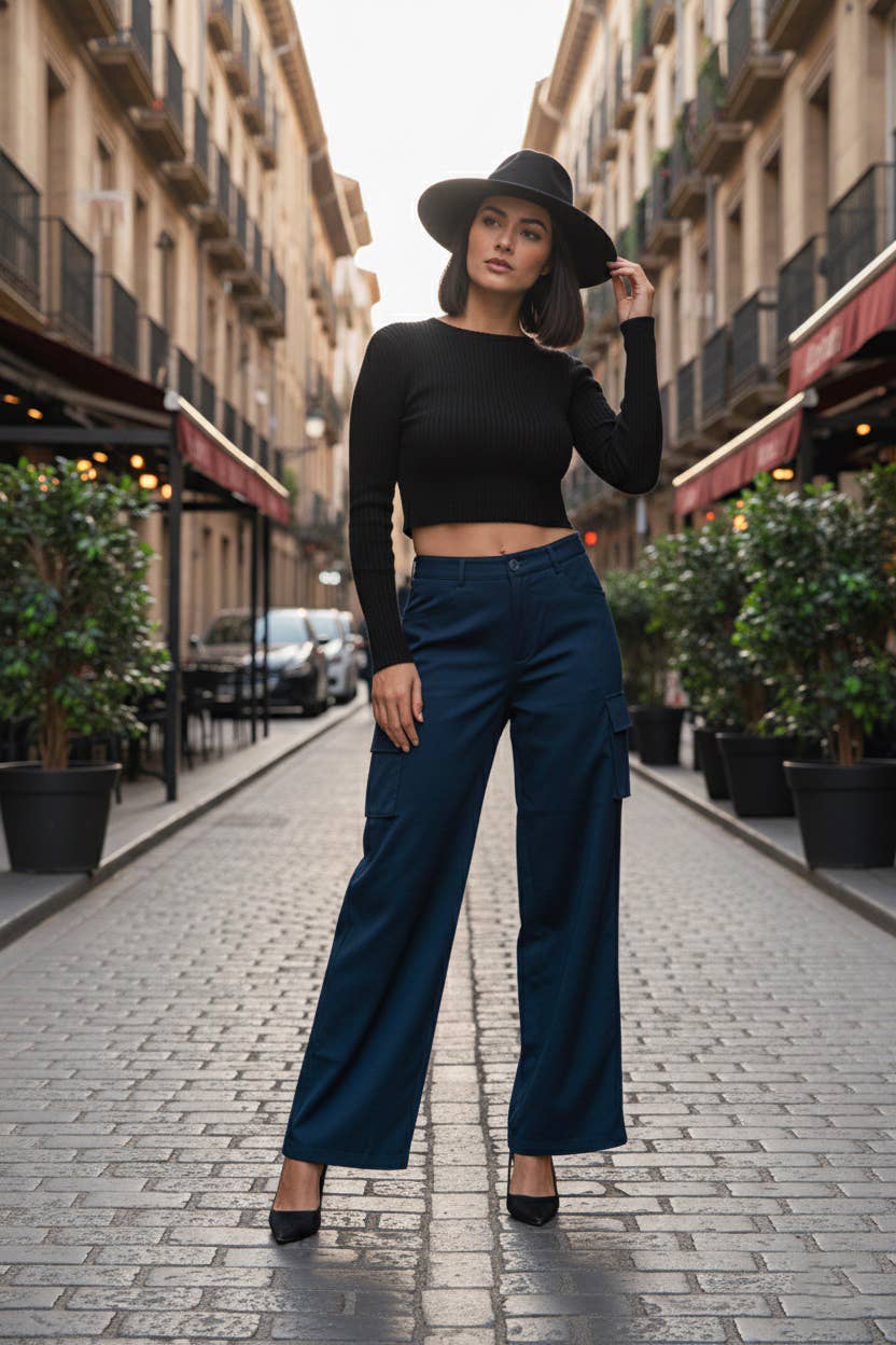 MOOYA - Wholesale Pants - Women's - Wide cotton cargo pants with pockets L2770