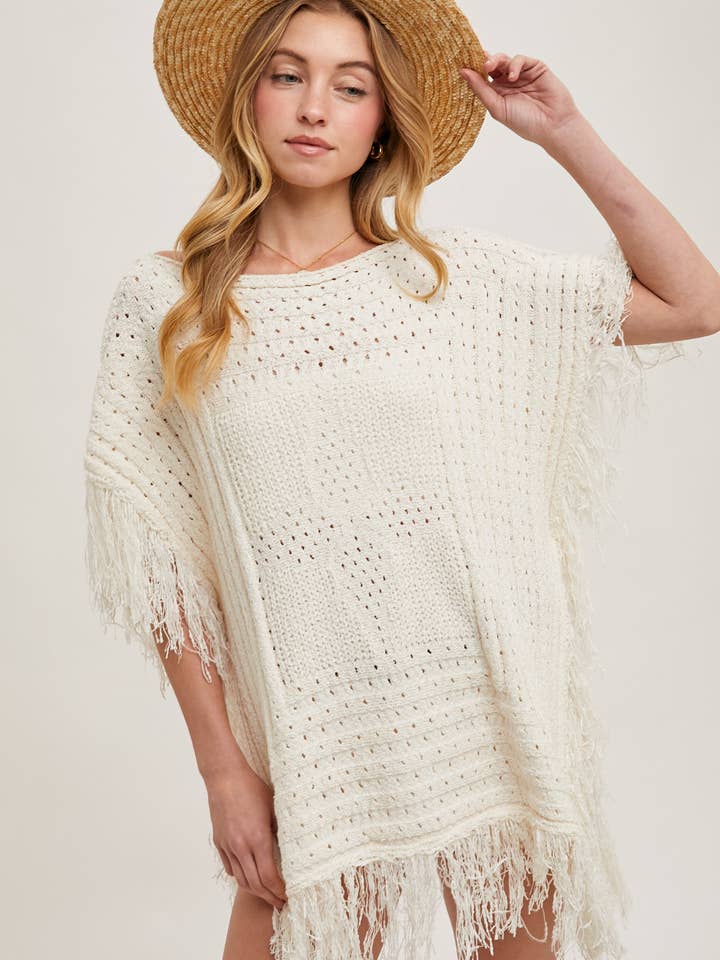 Bluivy - Wholesale Poncho - Women's - WESTERN FRINGED KNIT SWEATER PONCHO