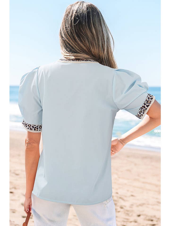As shown Contrast Leopard Trim Puff Sleeve Blouse | S-XL for wholesale on Faire