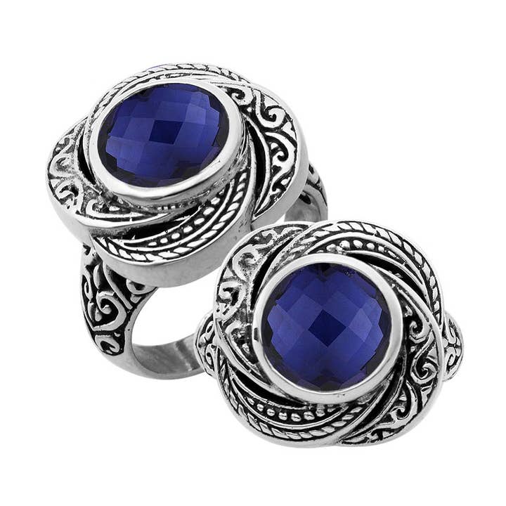 AR-6291-SP Sterling zilveren Balinees ontwerp ring met ronde saffiersteen voor wholesale door Bali Designs