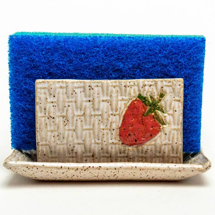 Strawberry Pattern Handmade Ceramic Kitchen Sponge Holder for wholesale by White Squirrel Clayworks