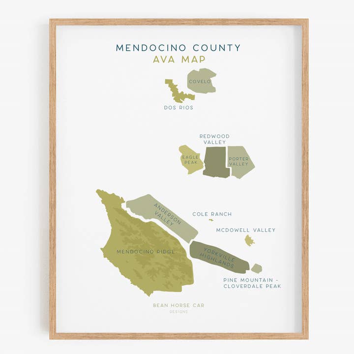 AVA Wine Map - North Coast - Mendocino Labeled Art Print for wholesale by Bean Horse Car Designs