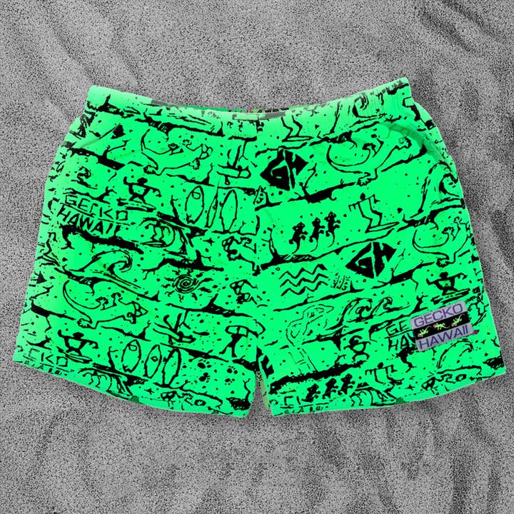 Iconic Gecko Wall Neon Green Volley Shorts for wholesale by Gecko Hawaii
