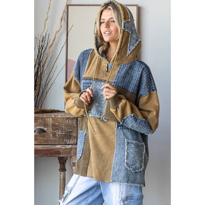 WASHED PATCHWORK DENIM HOODED PULLOVER TOP for wholesale by Oli&Hali