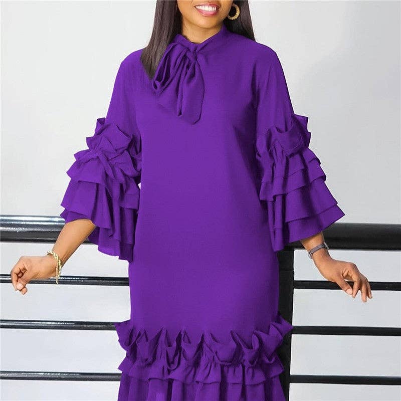 UZ Wholesale Store - Wholesale Dress - Women's - Stylish Ruffle Hem Trumpet Sleeve Dress2