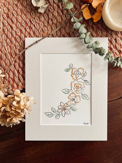flower corner matted letterpress and watercolor print for wholesale by melon r. studio