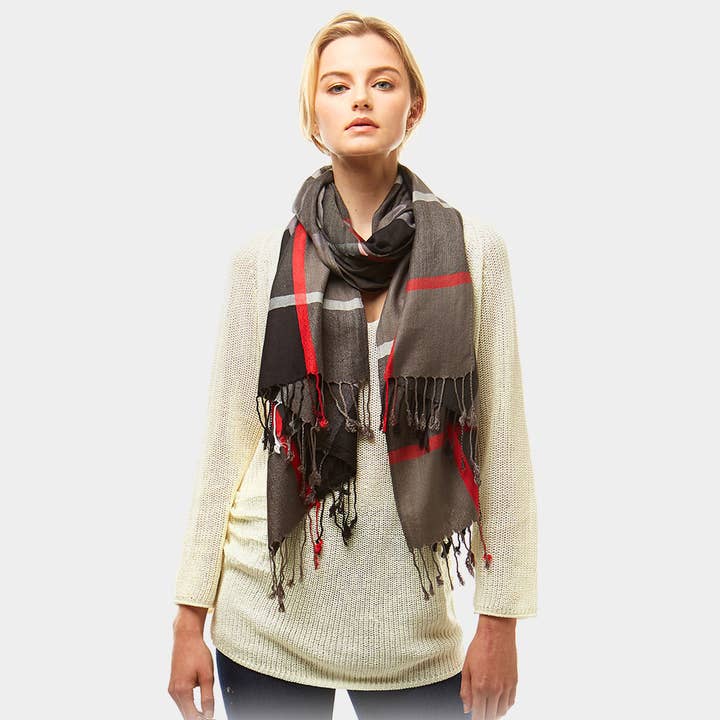 Wona Trading, Inc. - Wholesale Scarf - Women's - Oblong Plaid Tassel Scarf