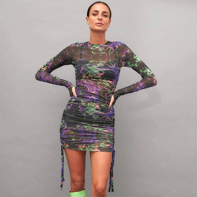 VividLux - Vente Robe – femme - Robe sexy plissée imprimée en maille pour femmes, automne-hiver1