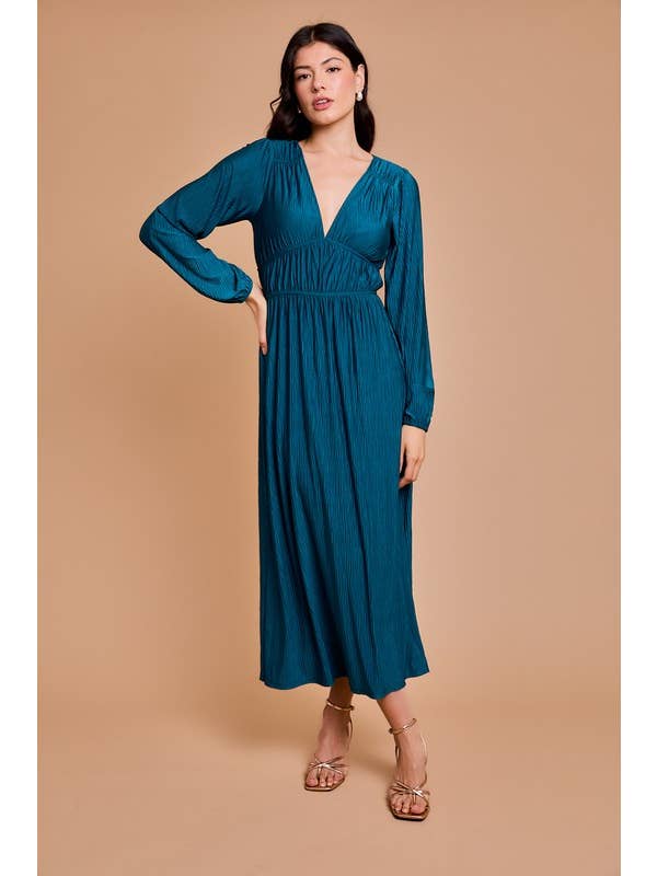 Teal Deep V-neck Long Sleeve Maxi Dress for wholesale on Faire
