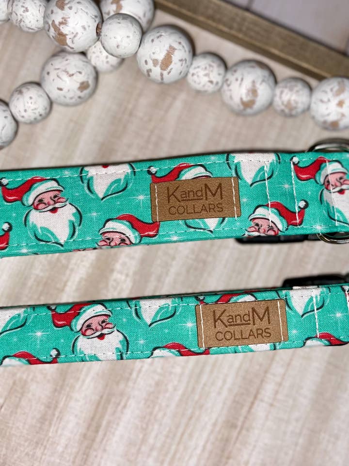 Retro Teal Santa Clause Dog Collar, Christmas Dog Collar for wholesale by K and M Collars