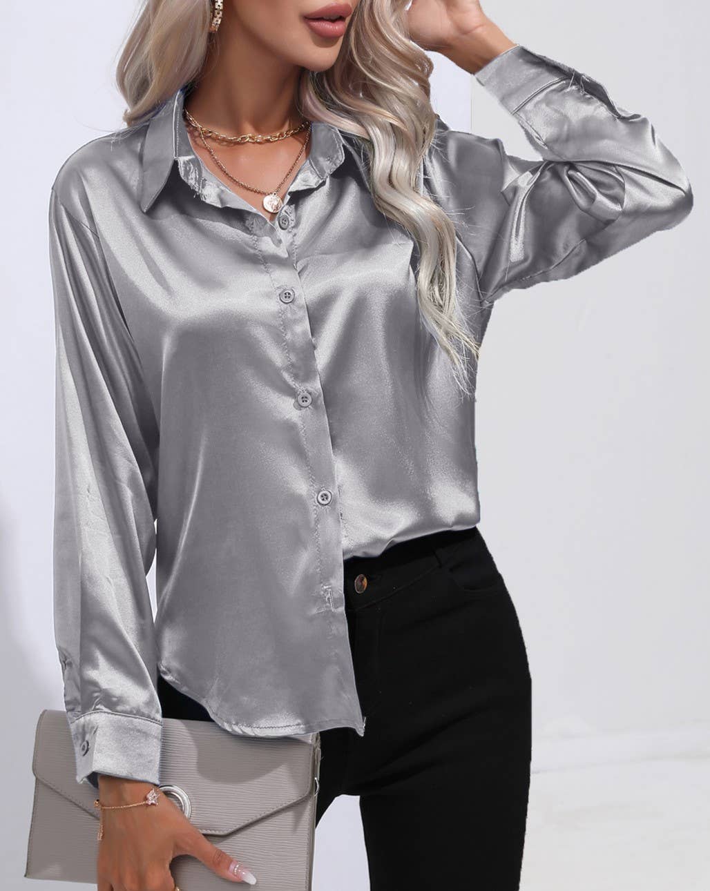 HIDDENBRAND - Wholesale Button Down Shirt - Women's - Satin Faux Silk Long-Sleeved Shirt31