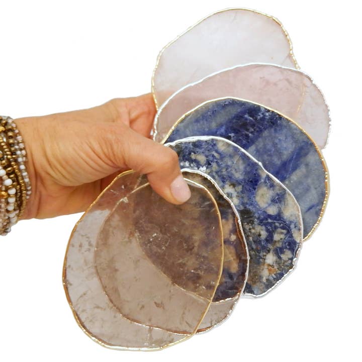 Krystalstenskiver underlag - Smokey & Rose Quartz for engroshandel hos Rock Paradise