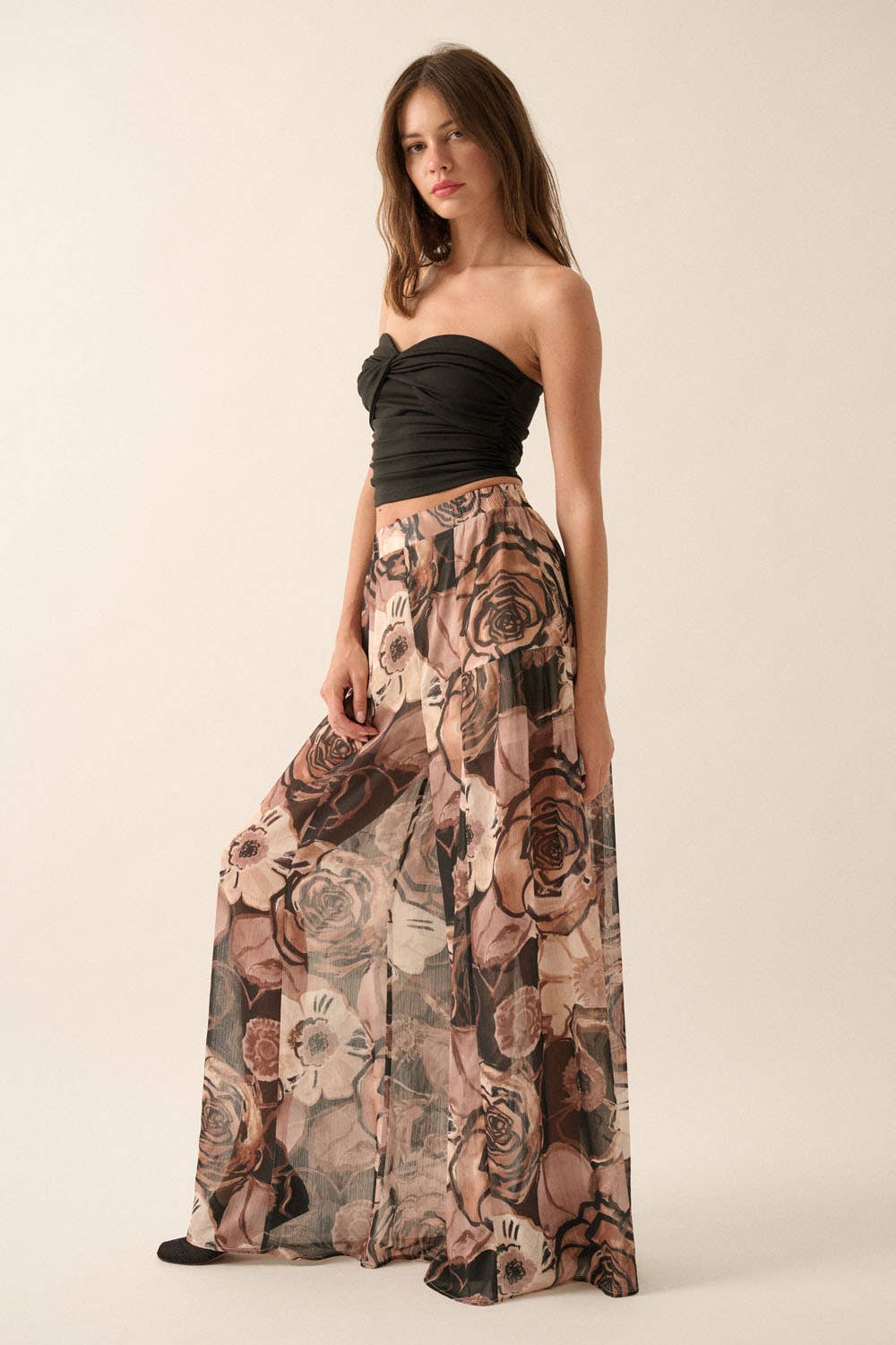 BLACK Floral Chiffon Wide-Leg Palazzo Pants for wholesale on Faire2