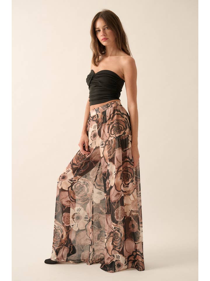 BLACK Floral Chiffon Wide-Leg Palazzo Pants for wholesale on Faire2