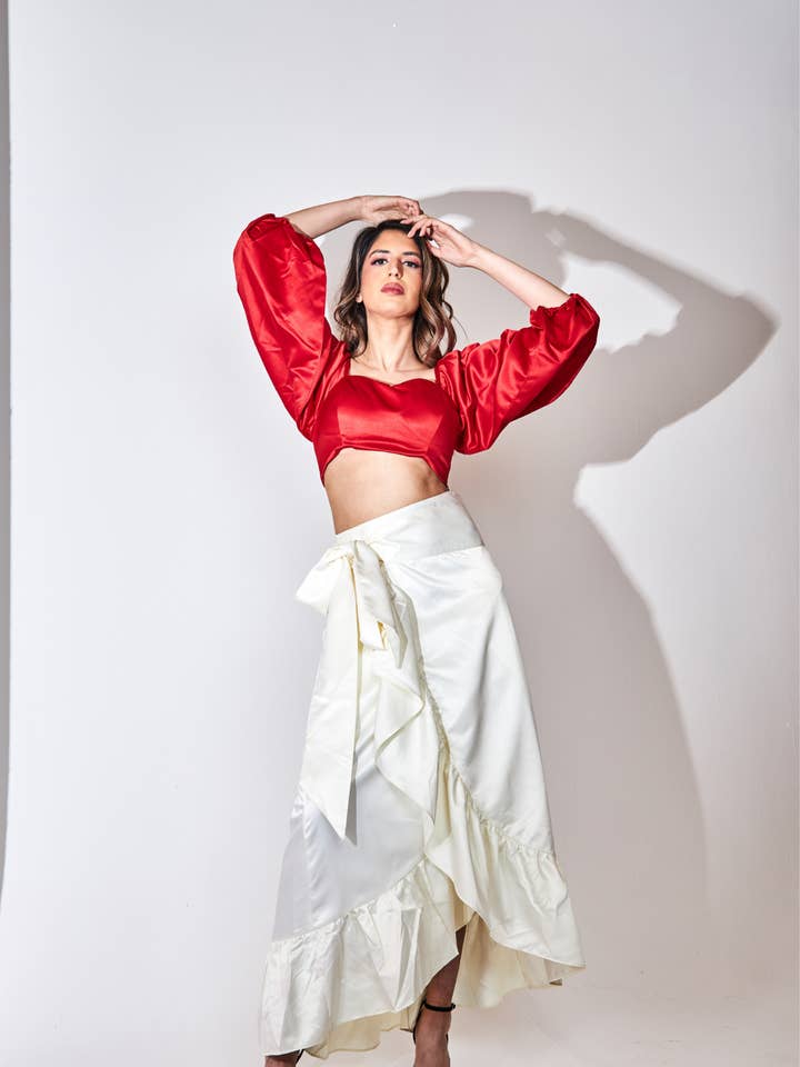 Sweetheart Long Puff Sleeve Crop Top in Red for wholesale by The Naked Laundry