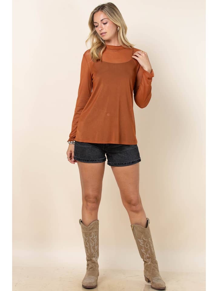 Cinnamon AV1230-CHASE SOLID SEMI SHEER MESH TOP for wholesale on Faire2