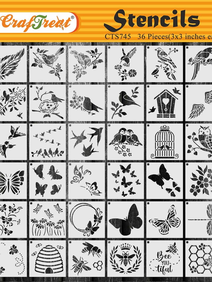 CrafTreat Butterfly and Birds Stencil for Craft Paintings, Honey Bee Stencil for Kids Adults on Wood Furniture Fabric Card and Wall paintings | Nature Stencil 3x3 Inches for wholesale by CrafTreat
